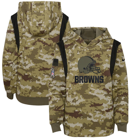 Youth Cleveland Browns 2021 Camo Salute To Service Therma Performance Pullover Hoodie
